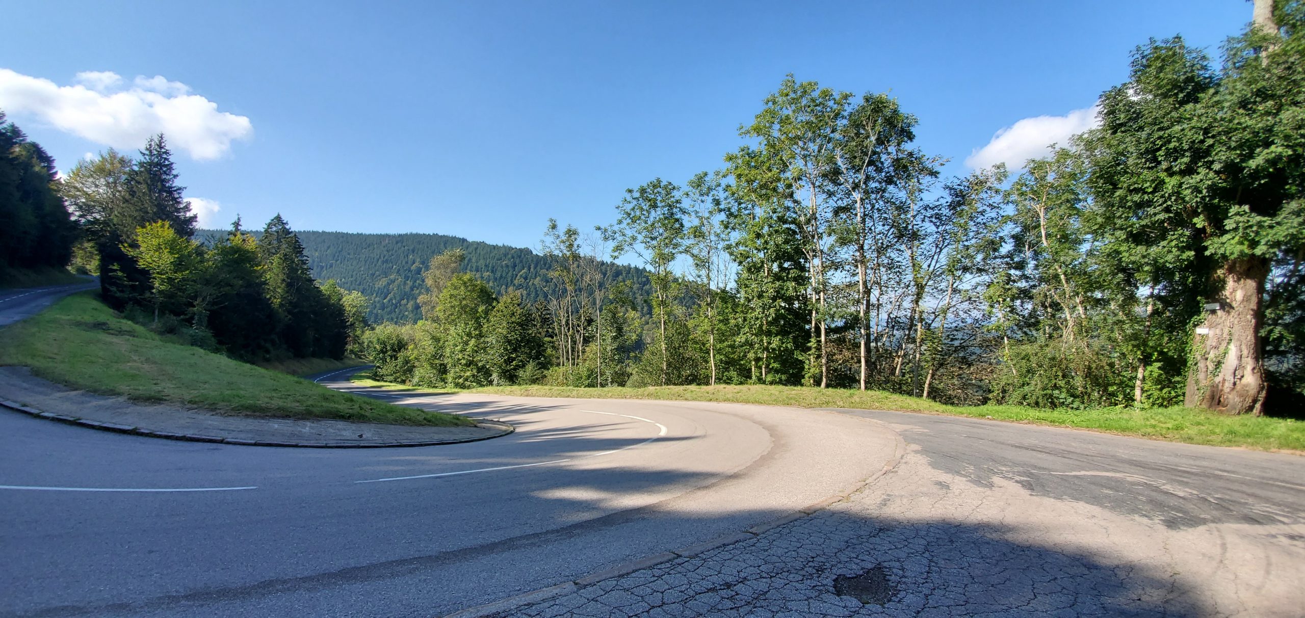 Twisty mountain road winding through the forested landscape of the Vosges Mountains, perfect for motorcycle riders seeking scenic curves