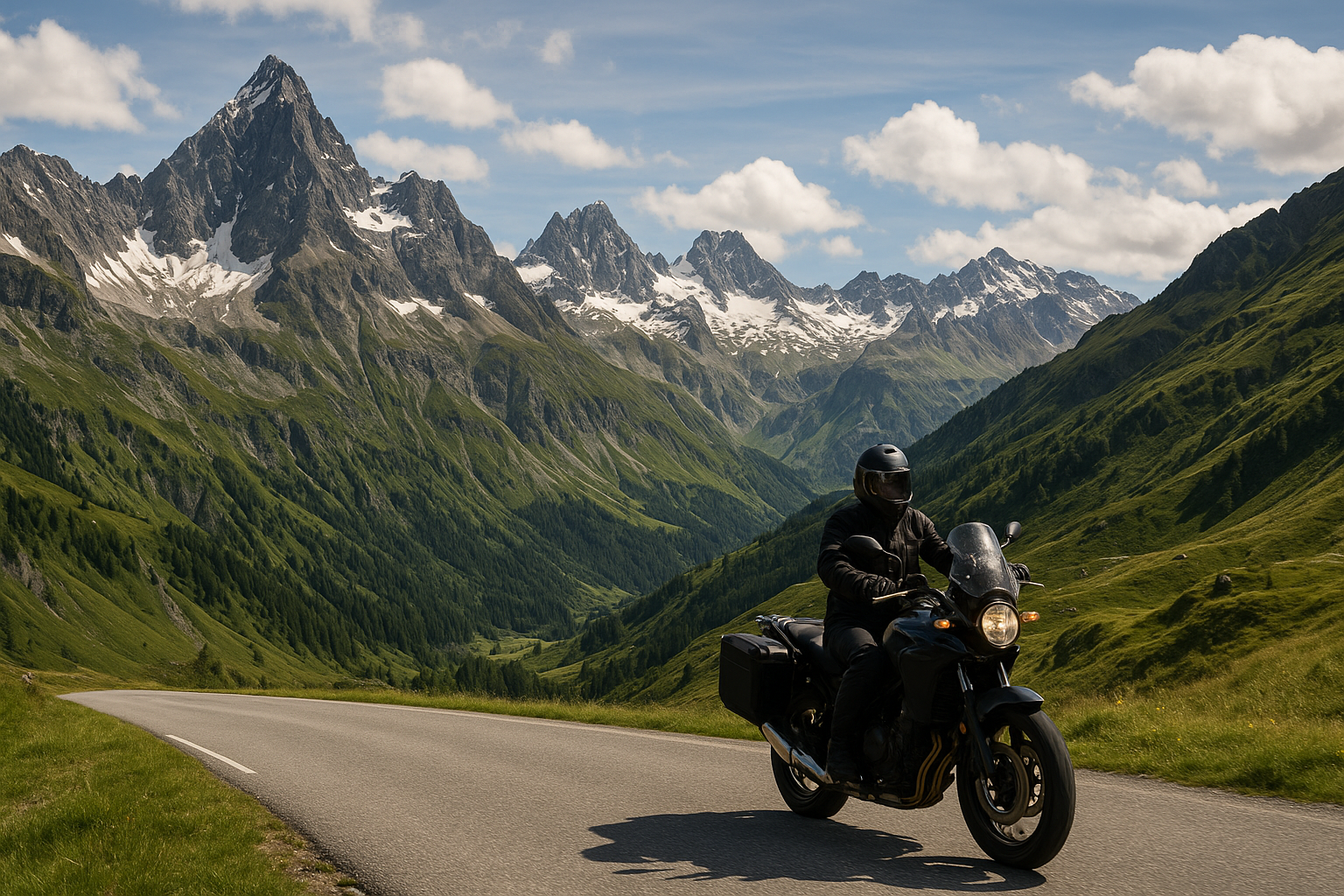 Motorcyclist riding through winding alpine road surrounded by green valleys and rugged mountain peaks