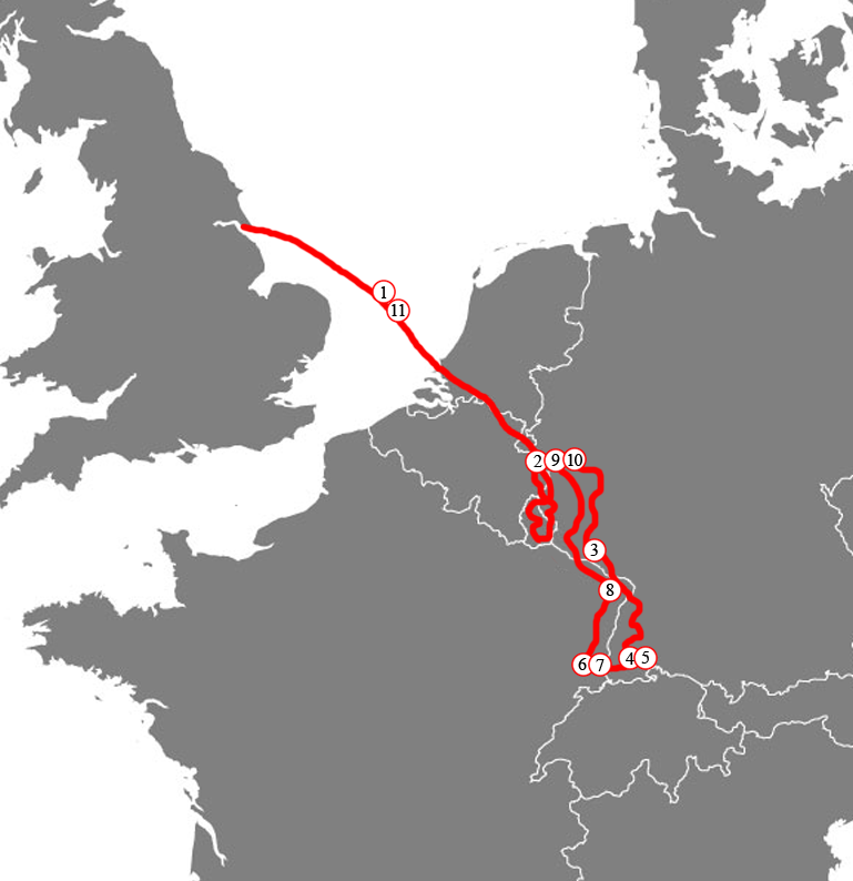 Map showing the EuroBikeTours Black Forest & Vosges motorcycle tour route through Germany, France, Belgium, and the Netherlands