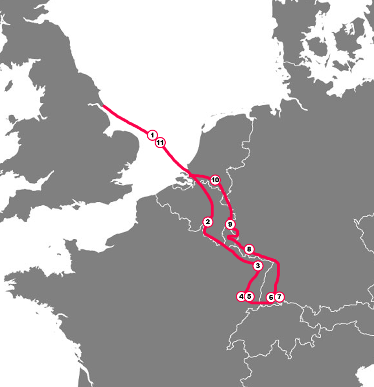 Map showing the EuroBikeTours Black Forest & Vosges motorcycle tour route through Germany, France, Belgium, and the Netherlands