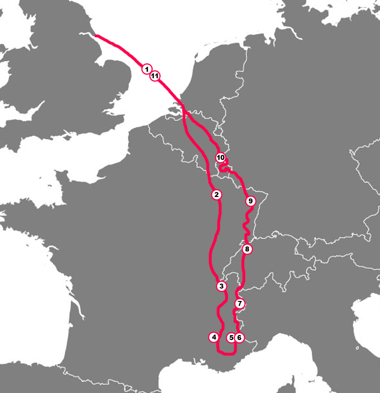 Map showing the motorcycle touring route through the French Alps, connecting multiple scenic regions from southern France to the northern ferry route