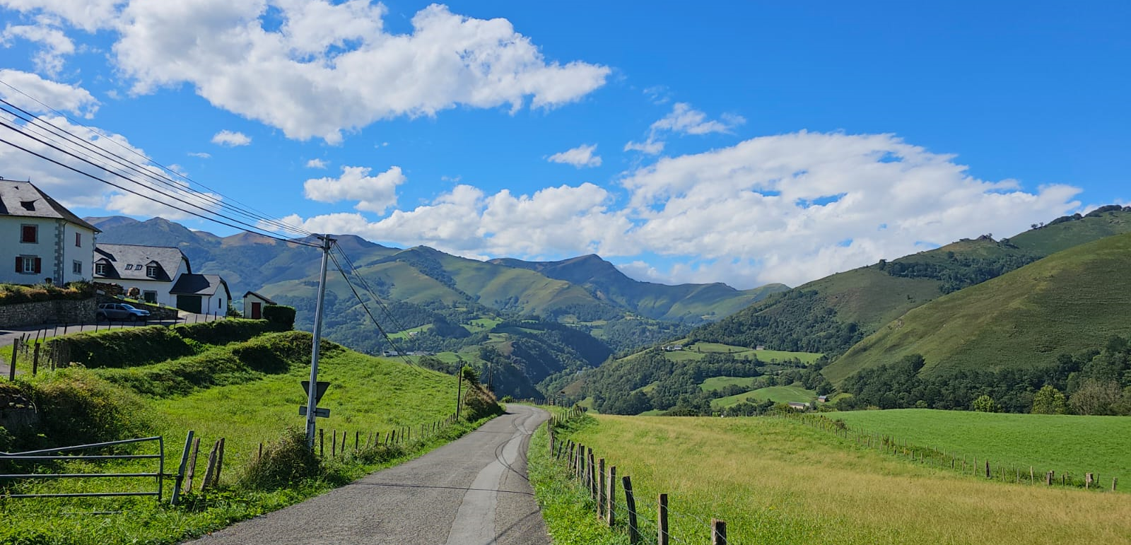 Peaceful countryside road winding through the green hills of the Vosges Mountains under a blue sky—ideal for scenic motorcycle rides
