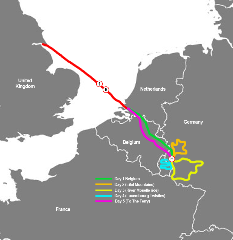 Map showing a five-day motorcycle tour route from the United Kingdom through Belgium, Luxembourg, and Germany, returning to the ferry.