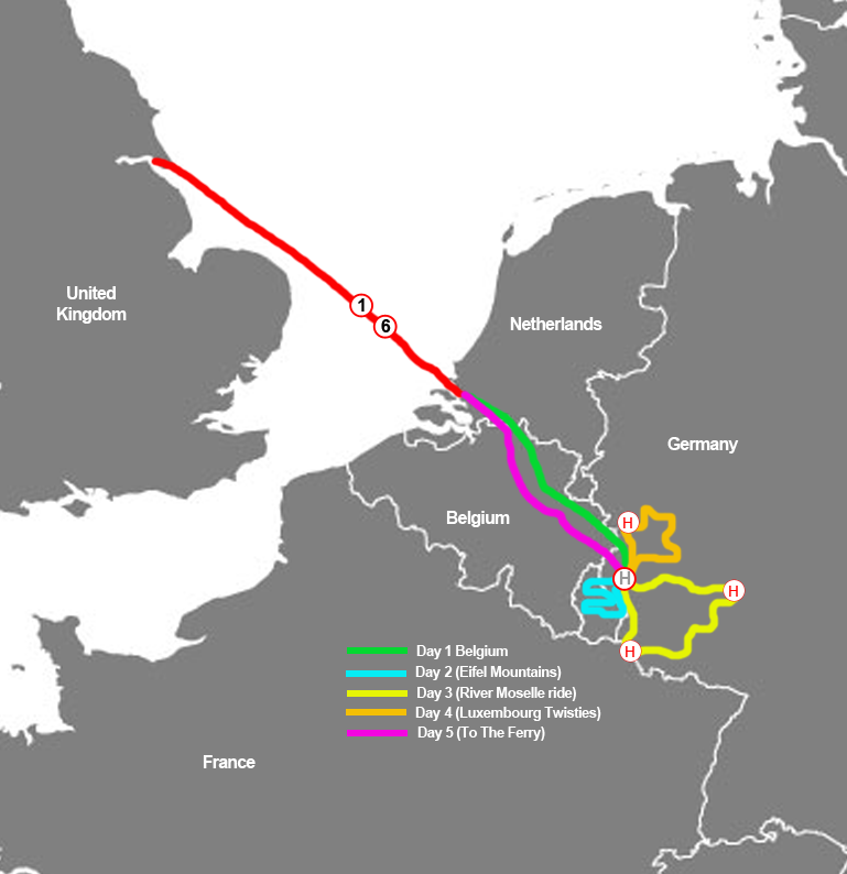 Map showing a five-day motorcycle tour route from the United Kingdom through Belgium, Luxembourg, and Germany, returning to the ferry.