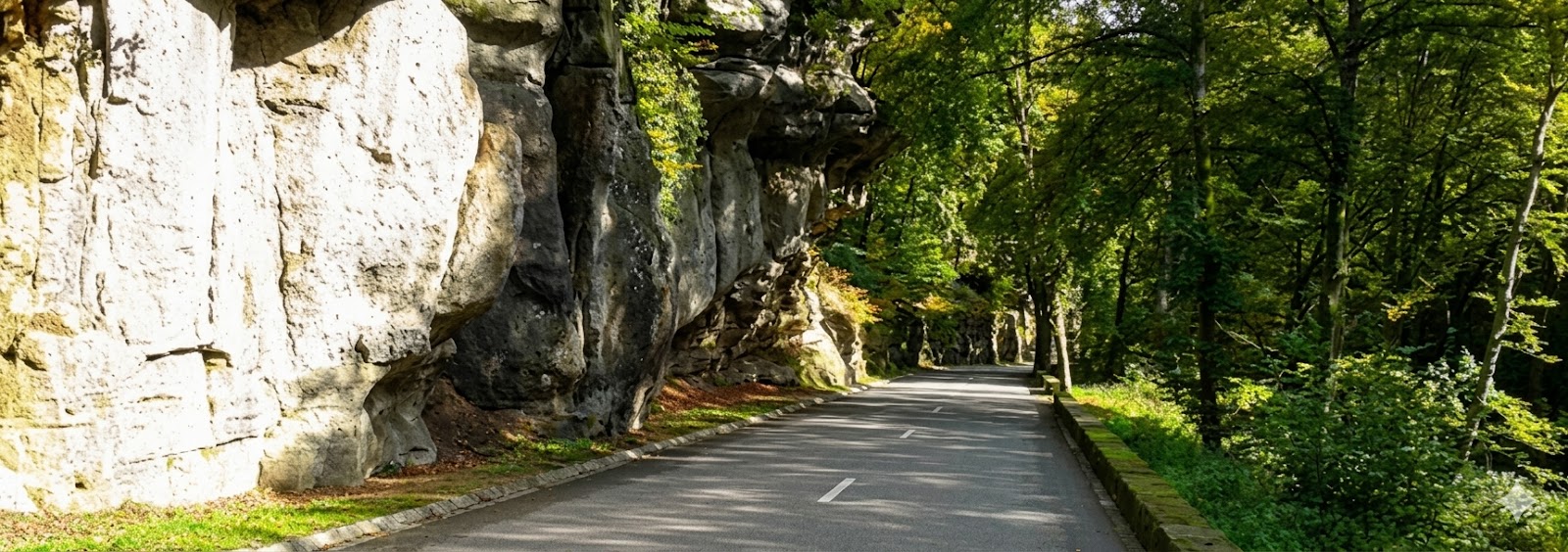 A high-resolution photograph of a narrow, winding road in Berdorf, Luxembourg. On the left, massive, textured sandstone cliffs loom over the asphalt, while the right side is flanked by a lush, green forest. Sunlight filters through the dense canopy, creating a dappled light effect on the road surface.