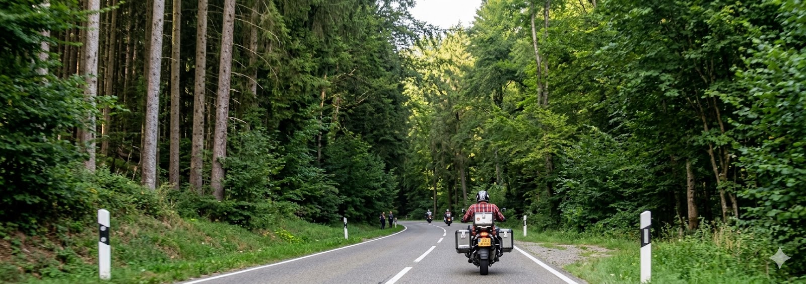 A critically sharp, high-definition photograph looking down a paved, two-lane road (the D26 near the Vireux-Wallerand bend) in the French Ardennes. The road is flanked by a dense, vivid green forest under a wide, detailed sky. A solitary motorcyclist on a red touring bike with silver panniers, wearing a detailed jacket, rides away from the camera. The asphalt texture is distinct, and all forest details are crystal clear.