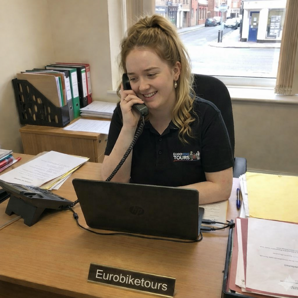 A young woman with her hair in a bun, wearing a professional blue blazer and light blue blouse, smiling while talking on a black desk phone. She is sitting at a wooden desk with a laptop, documents, and a nameplate that reads "Eurobiketours."