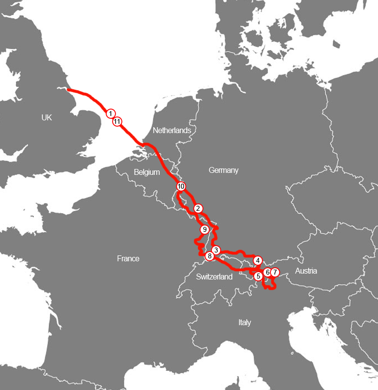 Map of Western Europe showing a red travel route from the UK through Belgium, Germany, Switzerland, and into the Austrian Alps, with numbered stops along the journey.