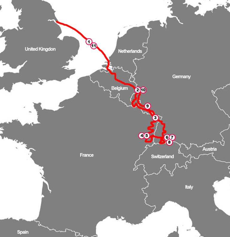 Map showing the EuroBikeTours Black Forest & Vosges motorcycle tour route through Germany, France, Belgium, and the Netherlands