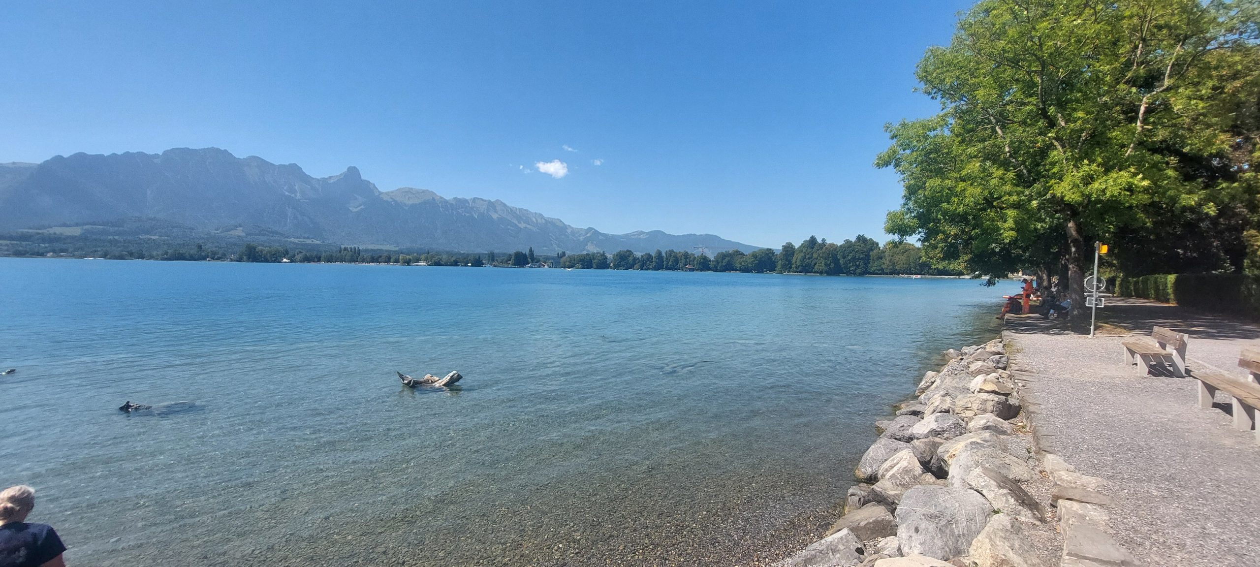 A wide, clear blue lake with a rocky shoreline and gravel walkway on the right, leafy green trees providing shade, and dramatic mountain peaks stretching across the background under a clear sky.