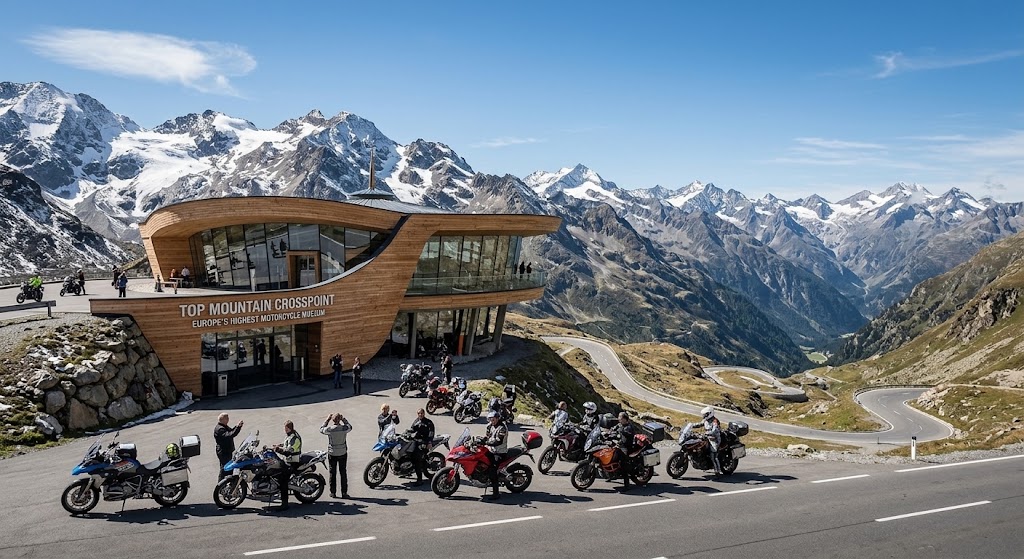 A group of adventure motorcyclists parked along a high alpine road outside the curved timber building of the TOP Mountain Crosspoint museum, with winding switchbacks and snow-capped mountain peaks in the background under a clear blue sky.