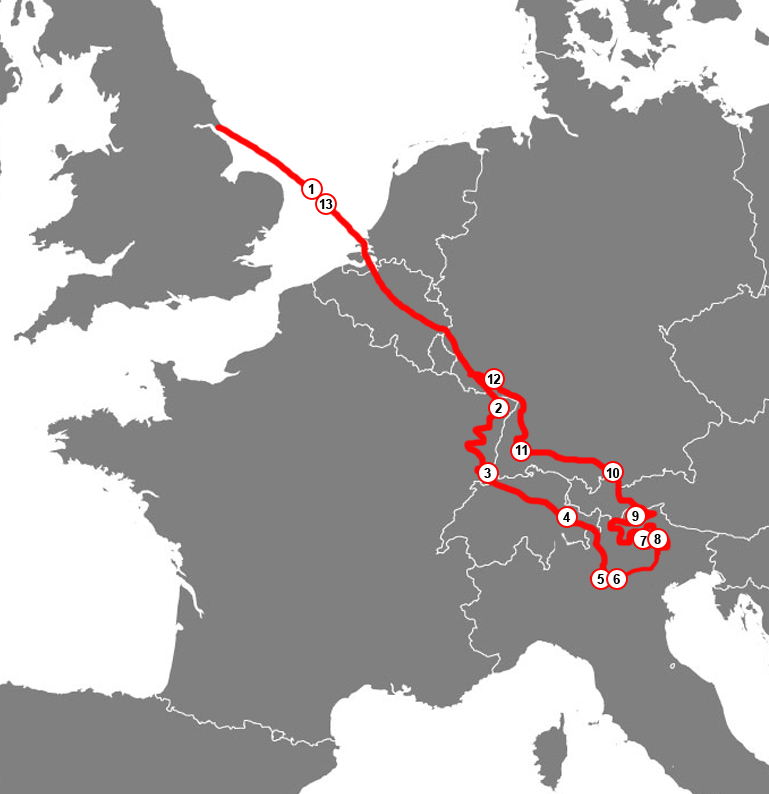 Route map of a motorcycle tour starting in Hull, UK, crossing the North Sea to Rotterdam, traveling south through Germany, Switzerland, and Austria, and looping through northern Italy, Lake Garda, and the Dolomites. 12 Days