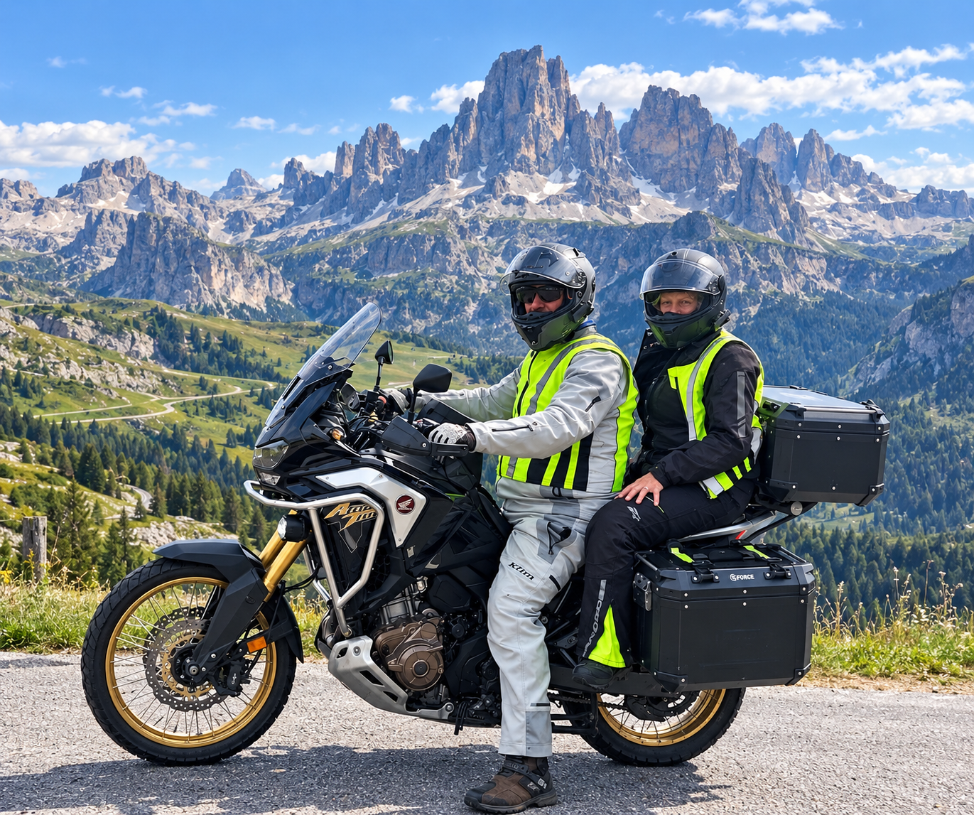 A man and woman wearing riding gear and high-visibility vests sit on a Honda Africa Twin motorcycle parked on a paved road, with dramatic, jagged peak mountains of the Dolomites towering under a blue sky in the background.