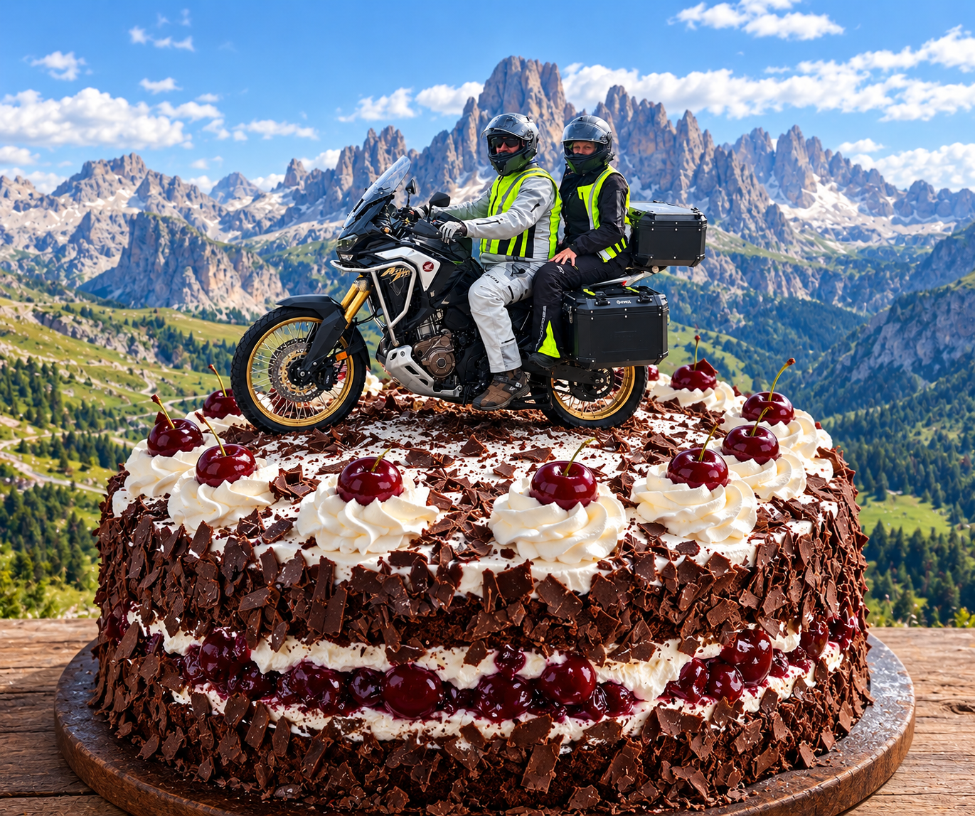 A surreal composite image showing a man and woman on a Honda Africa Twin adventure motorcycle perched atop a massive Black Forest cake, with whipped cream, cherries, chocolate shavings, and the scenic Dolomites mountains in the background.